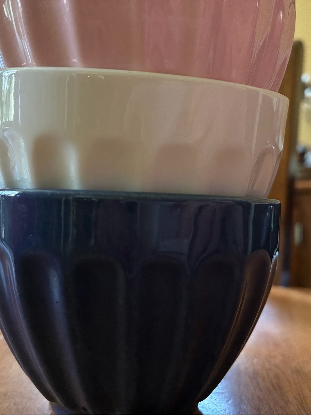 Stack of 3 blue, pink, white tiny ceramic bowls dips sauce dessert tray decor